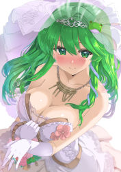 Rule 34 | 1girl, absurdres, breasts, bridal gauntlets, bridal veil, bride, commentary request, dress, elbow gloves, frills, gloves, green eyes, green hair, highres, japanese clothes, jewelry, kimono, kochiya sanae, large breasts, long hair, pink dress, puuakachan, ring, simple background, solo, touhou, touhou lostword, uchikake, veil, wedding dress, white background, white dress