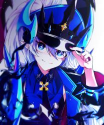 Rule 34 | 1girl, blue eyes, coat, collared dress, dress, elsword, erun-cbal-, fang, fang out, hair ornament, hairclip, hat, highres, horns, jewelry, luciela r. sourcream, necktie, pointy ears, ponytail, ring, sleeveless, sleeveless dress, smile, spikes, symbol-shaped pupils, timoria (elsword), white hair