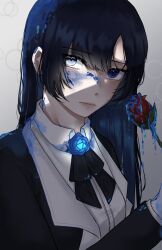 Rule 34 | 1girl, ado (utaite), anon (an one 12), black bow, black bowtie, black coat, black hair, blue eyes, blue flower, blue rose, bow, bowtie, chando (ado), cloud nine inc, coat, collared shirt, commentary, dress shirt, english commentary, flower, flower brooch, gloves, glowing, grey eyes, hair between eyes, heterochromia, highres, holding, holding flower, long hair, long sleeves, looking at viewer, mole, mole under eye, open clothes, open coat, paint in hair, paint on clothes, paint splatter, rose, shade, shirt, sidelocks, solo, upper body, utaite, white gloves, white shirt