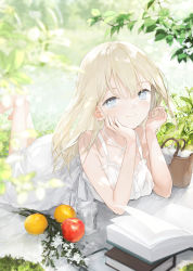 Rule 34 | 1girl, absurdres, apple, bare arms, bare legs, barefoot, basket, blonde hair, blurry, blurry background, book, collarbone, dress, elbow rest, feet up, flower, food, fruit, fujiyama, hair between eyes, head rest, highres, looking at viewer, lying, on stomach, open book, original, outdoors, smile, solo, white dress