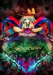 Rule 34 | 1girl, bad id, bad pixiv id, bow, evil eyes, female focus, green eyes, hat, hat bow, highres, komeiji koishi, long sleeves, looking at viewer, mirimo, shirt, silver hair, solo, third eye, touhou, wide sleeves