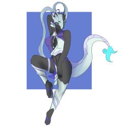 Rule 34 | 1girl, absurdres, arm behind head, armpits, artist name, artist request, black bodysuit, blue eyes, bodysuit, breasts, cleavage, dragon girl, dragon tail, female focus, full body, highres, long hair, looking at viewer, mask, mask on head, mask over one eye, medium breasts, sandals, sitting, source request, swordsoul (yu-gi-oh!), swordsoul of mo ye, tail, thick thighs, thighhighs, thighs, very long hair, white hair, yu-gi-oh!, yu-gi-oh! duel monsters