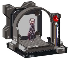 Rule 34 | 1girl, fukouna shoujo 03, full body, grey thighhighs, hair ornament, hairclip, indie virtual youtuber, long hair, machine, mechanical tail, pixel art, red eyes, saruei, saruei (vtuber), silver hair, simple background, solo, standing, tail, thighhighs, traced, virtual youtuber, white background