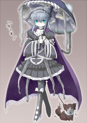 Rule 34 | 10s, 1girl, abyssal ship, adapted costume, aqua eyes, cape, choker, dog, frills, gothic lolita, grey hair, hairband, jack (slaintheva), kantai collection, lolita fashion, long hair, looking at viewer, pale skin, puffy sleeves, pun, short hair, short hair with long locks, twintails, umbrella, weather, wo-class aircraft carrier