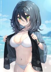 Rule 34 | 1girl, beach, bikini, black hair, black nails, blue sky, blush, bracelet, breasts, cleavage, commentary request, cowboy shot, day, floral print, green eyes, highres, jewelry, large breasts, long bangs, looking at viewer, medium hair, nanahi tsubaki, navel, original, outdoors, parted lips, see-through, sky, solo, stomach, swimsuit, swimsuit cover-up, underboob, wet, white bikini, wide sleeves