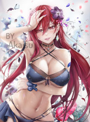 Rule 34 | 1girl, absurdres, akaisu, armpits, artist name, bikini, blue bikini, blush, breasts, criss-cross halter, erza scarlet, fairy tail, floating hair, flower, front-tie bikini top, front-tie top, grin, groin, hair between eyes, halterneck, hand on own head, hibiscus, highres, jewelry, large breasts, log, long hair, looking at viewer, multi-strapped bikini, nail polish, navel, necklace, petals, pink nails, purple hair, red eyes, red flower, red hair, smile, solo, standing, swimsuit, underboob, very long hair, watermark