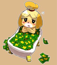 Rule 34 | 1girl, animal crossing, animal ears, ayame hashinimasen, bath, bathtub, blush, commentary request, covering breasts, covering privates, dog, dog ears, dog girl, furry, furry female, hair ornament, half-closed eyes, isabelle (animal crossing), looking at viewer, money, nintendo, open mouth, simple background, solo, white background
