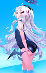 Rule 34 | 1girl, absurdres, ass, black one-piece swimsuit, blue archive, blue sky, flat chest, halo, highres, hina (blue archive), hina (swimsuit) (blue archive), horns, long hair, looking at viewer, low wings, ocean, one-piece swimsuit, pink eyes, remora180, sky, solo, swimsuit, thighs, very long hair, white hair, wings