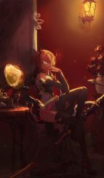 Rule 34 | 1girl, absurdres, alternate costume, arknights, black dress, black thighhighs, cup, dress, drinking glass, duplicate, highres, horns, indoors, infection monitor (arknights), long hair, long sleeves, looking at viewer, phonograph, pixel-perfect duplicate, purple eyes, red hair, sitting, solo, surtr (arknights), thighhighs, wine glass, wushier