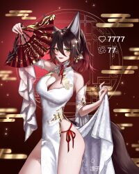 Rule 34 | 1girl, absurdres, animal ears, bare shoulders, black hair, breasts, chinese clothes, cleavage, cleavage cutout, clothing cutout, commentary, english commentary, fennec fox, fox ears, fox girl, fox tail, green eyes, hair between eyes, hand fan, highres, holding, holding fan, honkai: star rail, honkai (series), long hair, looking at viewer, medium breasts, paper fan, ponytail, ringeko-chan, smile, solo, tail, thighs, tingyun (honkai: star rail)