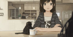 Rule 34 | 2girls, arm support, black cat, blurry, brown eyes, brown hair, cat, commentary, cup, depth of field, highres, indoors, kitchen, kitten, long hair, looking at viewer, multiple girls, muted color, original, plant, potted plant, refrigerator, shion (mirudakemann), short hair, smile, sonic youth, teacup