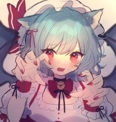 Rule 34 | 1girl, animal ears, bat wings, black ribbon, blue hair, blush, bow, bowtie, cat ears, chikuwa (tikuwaumai ), choker, claw pose, commentary request, fang, fingernails, hair ribbon, hands up, hat, hat bow, highres, kemonomimi mode, long fingernails, looking at viewer, mob cap, nail polish, neck ribbon, open mouth, puffy short sleeves, puffy sleeves, red bow, red eyes, red nails, red ribbon, remilia scarlet, ribbon, short hair, short sleeves, solo, touhou, upper body, white hat, wings, wrist cuffs, wrist ribbon