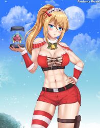 Rule 34 | 1girl, 1other, alien, bell, belt, blonde hair, blue eyes, blush, breasts, christmas, cleavage, creature, day, hairband, hand on own hip, highres, holding, large breasts, legs, looking at viewer, metroid, metroid (creature), midriff, moon, navel, nintendo, ponytail, samus aran, shiny skin, shorts, sidelocks, solo, standing, thigh gap, thigh strap, thighs
