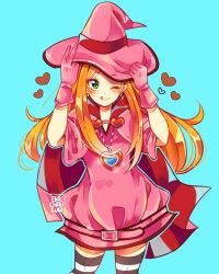 Rule 34 | 1girl, belt, blue background, blush, cape, chocolat meilleure, coll (erichankun), commentary request, cowboy shot, dress, gloves, green eyes, hand on headwear, hat, heart, heart pendant, long hair, looking to the side, magical girl, one eye closed, orange hair, pink belt, pink dress, pink gloves, pink hat, simple background, solo, striped clothes, striped thighhighs, sugar sugar rune, thighhighs