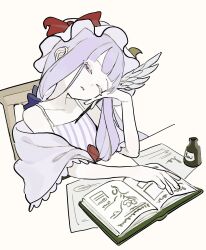 Rule 34 | 1girl, book, chair, dee (tannsumi), desk, dress, half-closed eyes, hat, highres, inkwell, long hair, looking at viewer, mob cap, one eye closed, open book, parted lips, patchouli knowledge, purple eyes, purple hair, purple hat, purple shawl, quill, shawl, simple background, sitting, solo, spaghetti strap, striped clothes, striped dress, touhou, vertical-striped clothes, vertical-striped dress, white background