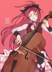 Rule 34 | absurdres, black thighhighs, boots, closed eyes, detached sleeves, double bass, enosst, highres, instrument, knee boots, long hair, magical girl, mahou shoujo madoka magica, mahou shoujo madoka magica (anime), music, parted lips, playing instrument, ponytail, red background, red footwear, red hair, sakura kyoko, sitting, smile, solo, soul gem, thighhighs, zettai ryouiki