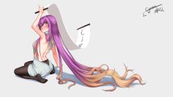 Rule 34 | 1girl, 3:, absurdly long hair, absurdres, alternate costume, arm support, arm up, armpits, artist name, backless outfit, bare back, black pantyhose, blush, brown eyes, brown hair, cigema huaxian, commentary request, from behind, full body, gradient hair, grey background, grey sweater, hair between eyes, head tilt, highres, hijiri byakuren, holding, holding scroll, long hair, looking at viewer, looking back, meme attire, multicolored hair, no shoes, nose blush, pantyhose, purple hair, ribbed sweater, scroll, shadow, sidelocks, signature, simple background, sitting, solo, sweater, thighs, touhou, turtleneck, turtleneck sweater, very long hair, virgin killer sweater, wariza