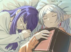 Rule 34 | 2girls, book, closed eyes, dangle earrings, dated, earrings, elf, fern (sousou no frieren), frieren, hair down, hashtag-only commentary, jewelry, long hair, long sleeves, lying, multiple girls, nagasawa reiko (animator), official art, on back, on bed, open book, orange sweater, parted bangs, parted lips, pointy ears, purple hair, shirt, sleeping, sousou no frieren, sweater, upper body, white hair, white shirt