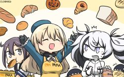 Rule 34 | +++, 3girls, :d, ^^^, abyssal ship, akebono (kancolle), apron, atago (kancolle), black gloves, black hair, blonde hair, blush, bow, bowtie, bread, closed eyes, colored skin, commentary, dated, eating, escort water princess, food, food in mouth, gloves, hamu koutarou, highres, kantai collection, long hair, multicolored hair, multiple girls, name connection, object namesake, open mouth, purple eyes, purple hair, smile, twintails, two-tone hair, white eyes, white gloves, white hair, white skin