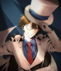 Rule 34 | 1boy, absurdres, artist name, blue background, blue shirt, brown hair, cape, commentary request, formal, gloves, happy, hat, highres, kaitou kid, looking at viewer, magic kaito, meitantei conan, monocle, necktie, red necktie, sasano-01, shirt, short hair, smile, solo, standing, suit, top hat, twitter username, white cape, white gloves, white suit
