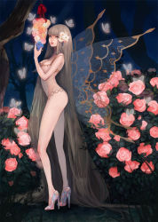Rule 34 | 1girl, absurdly long hair, animal, az (hal 0003), az (wakana), blue fire, blunt bangs, bouquet, breasts, bug, bush, butterfly, butterfly wings, contrapposto, fire, flower, full body, glass slipper, hair flower, hair ornament, high heels, holding, holding flower, insect, insect wings, jewelry, large breasts, lingerie, long hair, long legs, night, night sky, original, outdoors, parted lips, pink flower, pink rose, red lips, red ribbon, ribbon, ring, rose, rose bush, signature, silver hair, sky, solo, standing, transparent, transparent wings, tree, underwear, very long hair, white flower, wings