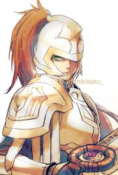 Rule 34 | 1girl, armor, blonde hair, closed mouth, fredegund, gensou suikoden, gensou suikoden tierkreis, green eyes, helmet, long hair, looking at viewer, mikisato, simple background, solo, sword, weapon, white background