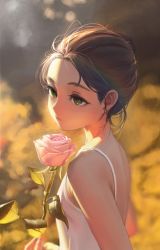 Rule 34 | 1girl, absurdres, bare shoulders, blurry, blurry background, brown hair, closed mouth, derivative work, dress, expressionless, eyebrows, field, flower, from side, green eyes, hair bun, hair pulled back, half-closed eyes, highres, holding, holding flower, looking away, looking to the side, messy hair, nanairo (kim0116v), original, outdoors, painterly, photo-referenced, pink flower, pink rose, rose, sidelighting, single hair bun, solo, standing, sundress, upper body, white dress