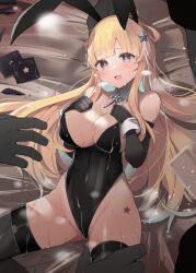 Rule 34 | 1girl, 3boys, animal ears, bed sheet, black gloves, black leotard, black thighhighs, blonde hair, blue eyes, blush, breasts, cleavage, condom, condom wrapper, detached collar, elbow gloves, fake animal ears, fletcher (kancolle), gloves, groin, hair ornament, hetero, kantai collection, large breasts, leotard, long hair, multiple boys, open mouth, rabbit ears, shin (new), solo focus, star (symbol), star hair ornament, strapless, strapless leotard, thighhighs