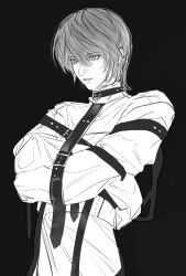 Rule 34 | 1boy, 8knff, absurdres, belt buckle, black background, buckle, collar, crossed arms, death note, greyscale, hair between eyes, highres, jacket, male focus, monochrome, parted lips, restrained, short hair, sleeves past fingers, sleeves past wrists, solo, straitjacket, strap, upper body, white jacket, yagami light