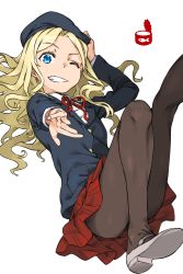 Rule 34 | 1girl, ;d, beret, black pantyhose, blazer, blonde hair, blue eyes, blue hat, blue jacket, can, collared shirt, commentary request, fish (food), frenda seivelun, grey footwear, haimura kiyotaka, hand on own head, hat, highres, jacket, knees up, leg up, long hair, long sleeves, looking at viewer, miniskirt, neck ribbon, one eye closed, open mouth, outstretched arm, pantyhose, parted bangs, plaid, plaid skirt, pleated skirt, red ribbon, red skirt, ribbon, shirt, shoes, sidelocks, simple background, skirt, smile, solo, toaru kagaku no railgun, toaru majutsu no index, toaru majutsu no index: old testament, white background, white shirt, wing collar