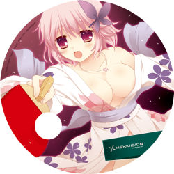 Rule 34 | 1girl, bad id, bad pixiv id, ball, breasts, bug, butterfly, cleavage, cpu (hexivision), female focus, hair ornament, hairclip, bug, japanese clothes, jewelry, kimono, medium breasts, off shoulder, open mouth, paddle, pendant, pink eyes, pink hair, saigyouji yuyuko, short hair, solo, table tennis, table tennis paddle, touhou, yukata