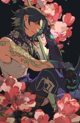 Rule 34 | 1boy, arm tattoo, artist name, black background, black hair, cfeather8, closed mouth, eyeshadow, flower, genshin impact, green hair, head on hand, highres, holding, holding mask, holding polearm, holding weapon, jewelry, makeup, male focus, mask, multicolored hair, necklace, oni mask, pants, pearl necklace, pink flower, polearm, purple pants, red eyeshadow, red flower, shirt, simple background, single bare shoulder, sitting, sleeveless, sleeveless shirt, solo, tattoo, weapon, white shirt, xiao (genshin impact), yellow eyes