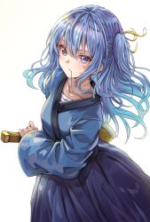 Rule 34 | 1girl, alternate costume, asymmetrical hair, axe, blue eyes, blue hair, blue kimono, blue skirt, breasts, closed mouth, collarbone, commentary, cowboy shot, hair between eyes, hair ribbon, hand on hilt, highres, hololive, hoshimachi suisei, japanese clothes, kaiwa, kimono, light blue hair, long hair, looking at viewer, mouth hold, ribbon, sarashi, side ponytail, simple background, skirt, small breasts, solo, standing, virtual youtuber, white background, yellow ribbon
