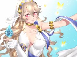 Rule 34 | 1girl, alternate hairstyle, armlet, asymmetrical clothes, azura (fire emblem), azura (fire emblem) (cosplay), bare shoulders, blush, breasts, bug, butterfly, choker, commentary request, corrin (female) (fire emblem), corrin (fire emblem), cosplay, detached sleeves, dragonstone, dress, elbow gloves, fire emblem, fire emblem fates, fire emblem heroes, floating, floating object, gloves, hair between eyes, hair ornament, hairband, highres, insect, jewelry, lips, long hair, looking at viewer, medium breasts, nintendo, official alternate costume, partially fingerless gloves, pink lips, platinum blonde hair, pointy ears, red eyes, single glove, single sleeve, single strap, sleeveless, sleeveless dress, smile, solo, teeth, tombsakura, twitter username, veil, white dress, white gloves, white headwear, white sleeves, white veil
