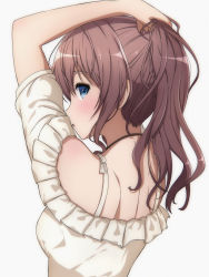 Rule 34 | 1girl, absurdres, arm up, back, backless dress, backless outfit, bang dream!, blue eyes, blush, brown hair, dress, from behind, hand in own hair, hand up, highres, holding, holding hair, nape, noshimurin, off-shoulder dress, off shoulder, parted lips, ponytail, profile, shoulder blades, simple background, solo, upper body, yamabuki saya