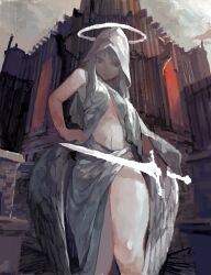 Rule 34 | 1girl, bad drawr id, bad id, bare arms, bare legs, breasts, building, capelet, closed mouth, covered erect nipples, grey capelet, grey skirt, grey sky, grey vest, grey wings, halo, hood, hooded capelet, long hair, looking at viewer, oekaki, original, outdoors, sidelocks, skirt, sky, small breasts, solo, standing, sword, thighs, totoya yuu, vest, weapon, wings