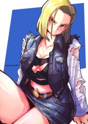Rule 34 | 1girl, android 18, aosora2823, blonde hair, blue eyes, blush, dragon ball, earrings, female focus, highres, jewelry, looking at viewer, navel, skirt, thick thighs, thighs, torn clothes