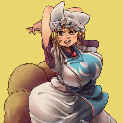 Rule 34 | 1girl, animal hat, arms behind head, arms up, blonde hair, breasts, brown eyes, chanta (ayatakaoisii), dress, female focus, hat, hat with ears, large breasts, looking at viewer, mob cap, multiple tails, open mouth, simple background, smile, solo, tabard, tail, touhou, white dress, wide sleeves, yakumo ran, yellow eyes