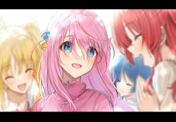 Rule 34 | 4girls, :d, ^ ^, ahoge, blonde hair, blue eyes, blue hair, blurry, blush, bocchi the rock!, closed eyes, closed mouth, commentary request, cube hair ornament, depth of field, eyelashes, eyes visible through hair, facing viewer, gotoh hitori, hair between eyes, hair ornament, half updo, happy, highres, ijichi nijika, jacket, kanaria hisagi, kita ikuyo, light particles, long hair, looking at another, multiple girls, nose, one side up, open mouth, pink hair, pink jacket, red hair, short hair, side ponytail, sidelocks, smile, solo focus, teeth, upper teeth only, yamada ryo, zipper
