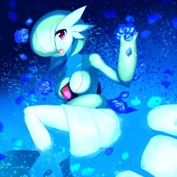 Rule 34 | 1girl, breasts, cleavage, creatures (company), female focus, flower, game freak, gardevoir, gen 3 pokemon, green hair, hair over one eye, mogura (susutake), nintendo, no humans, open mouth, partially submerged, petals, pokemon, pokemon (creature), red eyes, rose, short hair, solo, water