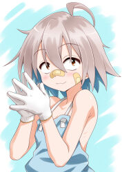 Rule 34 | 1girl, :3, ahoge, akou roushi, apron, bandage on face, bandages, bandaid, bandaid on face, bandaid on nose, bare shoulders, blue background, closed mouth, do it yourself!!, gloves, grey hair, looking at viewer, looking to the side, naked apron, naked overalls, orange eyes, overalls, own hands together, ribs, simple background, smile, solo, steepled fingers, upper body, white gloves, work gloves, yua serufu