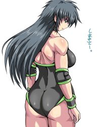 Rule 34 | 1girl, ass, character name, cowboy shot, elbow pads, highres, leotard, long hair, original, shimamoto utako, shiny clothes, shiny skin, simple background, solo, taroimo (00120014), translated, wedgie, wrestling outfit, wristband