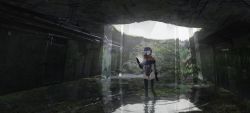 Rule 34 | 1girl, absurdres, asteroid ill, black thighhighs, gloves, highres, scenery, solo, thighhighs, underground, wading, water, waterfall