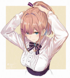 Rule 34 | 1girl, :3, arms up, beige background, blue eyes, blush, bow, bowtie, brown background, cropped torso, earrings, from above, hair ornament, hairclip, highres, isshiki (ffmania7), jewelry, light brown hair, long hair, long sleeves, looking at viewer, nijisanji, ponytail, signature, sketch, solo, suzuhara lulu, two-tone background, tying hair, virtual youtuber, white background
