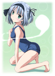 Rule 34 | 1girl, bare shoulders, barefoot, blush, clenched hand, feet, female focus, green eyes, hair ribbon, hairband, hand on own chest, hitodama, kneeling, konpaku youmu, konpaku youmu (ghost), legs, looking at viewer, nori tamago, one-piece swimsuit, open mouth, parted lips, ribbon, school swimsuit, short hair, side ponytail, silver hair, solo, squatting, swimsuit, touhou