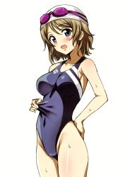 Rule 34 | 1girl, absurdres, blue eyes, blue one-piece swimsuit, blush, breasts, competition swimsuit, covered navel, cowboy shot, goggles, goggles on head, hand on own hip, highres, light brown hair, looking at viewer, love live!, love live! sunshine!!, medium breasts, one-piece swimsuit, pulled by self, sankuro (agoitei), scan, simple background, smile, solo, swim cap, swimsuit, swimsuit tug, thighs, watanabe you, water drop, wet, white background