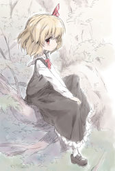 Rule 34 | 1girl, ascot, black footwear, black skirt, black vest, blonde hair, commentary request, frilled skirt, frills, hands on lap, long sleeves, looking at viewer, nekoguruma, outdoors, parted lips, red ascot, red eyes, ribbon, rumia, shirt, short hair, sitting, skirt, skirt set, solo, touhou, vest, white shirt