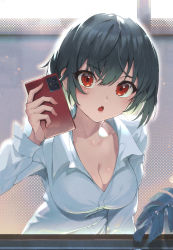 Rule 34 | 1girl, :o, backlighting, black hair, breasts, cellphone, cleavage, collarbone, commentary request, day, fang, hair between eyes, hand up, highres, holding, holding phone, indoors, kabu (niniko2ko), large breasts, leaf, looking at mirror, looking at viewer, mirror, open mouth, original, pajamas, phone, red eyes, selfie, short hair, smartphone, solo, sunlight, swept bangs, upper body, window