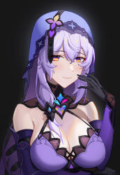 Rule 34 | 1girl, absurdres, bare shoulders, black background, black gloves, black swan (honkai: star rail), breasts, cleavage, commentary, dress, elbow gloves, gloves, halter dress, halterneck, highres, honkai: star rail, honkai (series), large breasts, long hair, looking at viewer, purple dress, purple hair, simple background, smile, solo, upper body, xiangyu xiangyu, yellow eyes