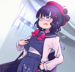 Rule 34 | 1girl, absurdres, beret, black eyes, black hair, black shirt, black skirt, bow, bowtie, calligraphy brush, cardigan, daisi gi, dutch angle, fate/grand order, fate (series), glasses, hat, highres, hot, katsushika hokusai (fate), looking ahead, open mouth, outdoors, paintbrush, pleated skirt, red bow, red bowtie, red hat, school uniform, serafuku, shirt, skirt, solo, wavy hair, white cardigan